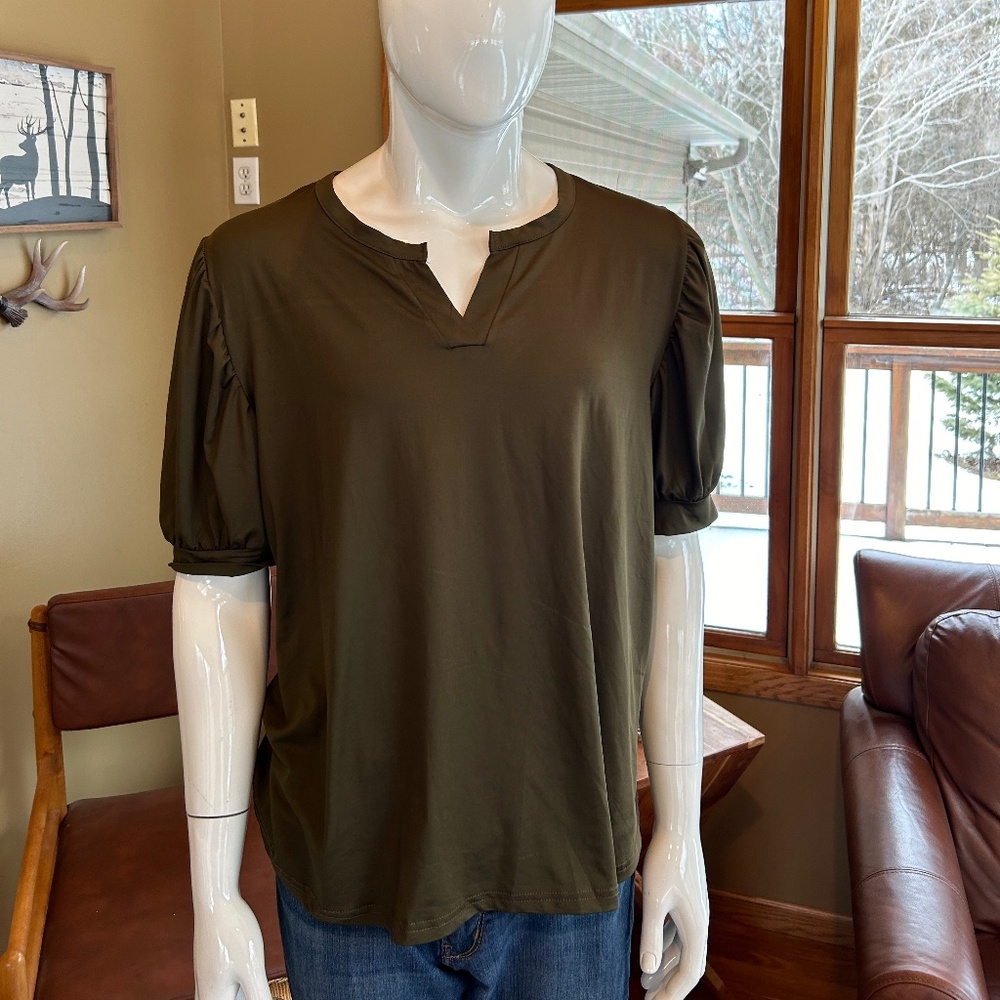 Army Green Blouse Loose Fitting Short Sleeve Puffy Shoulder & V Neck 2XL